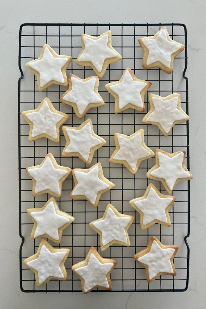 Sourdough sugar cookies decorated with white fondant stars. 