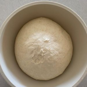 Sourdough pane di casa dough doubled in the bowl.