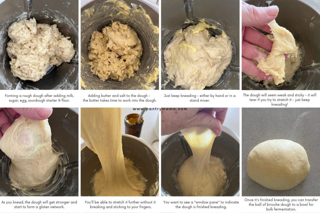 Process of kneading in the butter for sourdough brioche dough.
