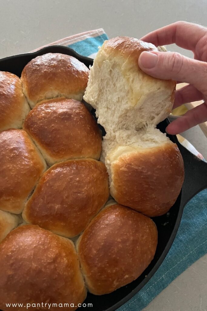 Photo shows a cast iron skillet containing sourdough discard rolls. Someone is picking up a roll to show the soft bread underneath.