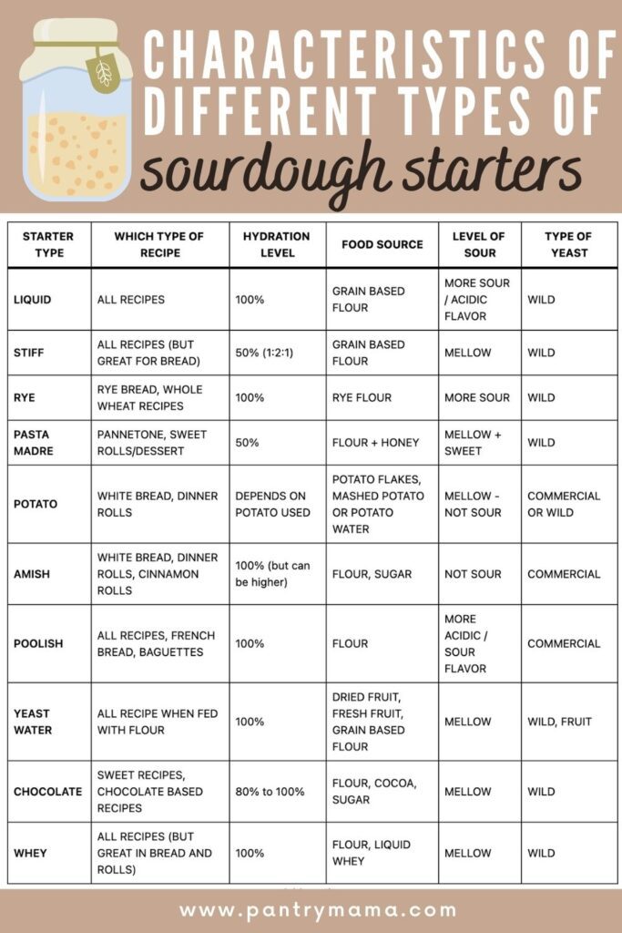 Table showing the characteristics of 10 different types of sourdough starters.