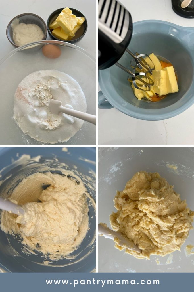 Step by step process for sourdough sugar cookies - mixing dry ingredients, creaming butter and sugar together and mixing wet and dry ingredients.