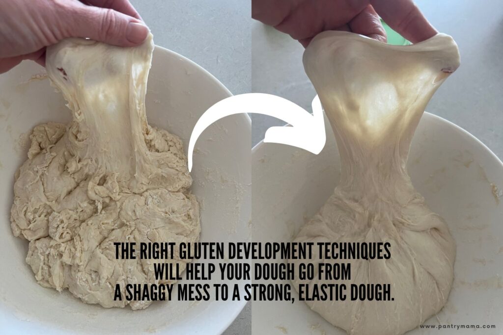 Infographic with two photos of sourdough side by side. On the left the dough is shaggy and dry with poor gluten development. On the right the dough is more elastic and can form a window pane. The text on the photo says "the right gluten development techniques will help your dough go from a shaggy mess to a strong, elastic dough".