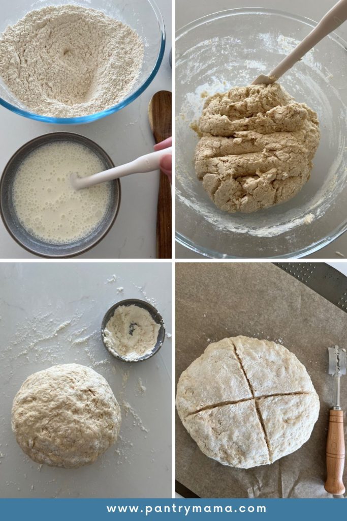Process photos of making Sourdough Irish Soda Bread. From mixing the wet and dry ingredients to forming a rough dough, kneading the dough into a round and slashing it with a cross.