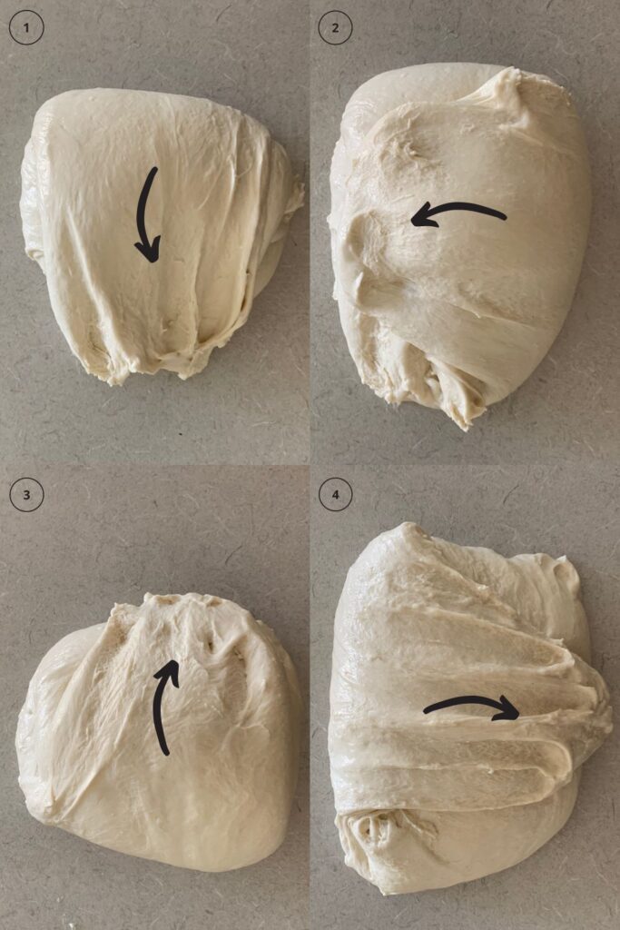 4 photos showing how to perform a stretch and fold when developing gluten in sourdough bread.